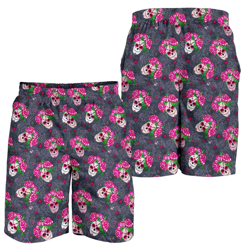 Sugar Skull Pink Rose Themed Print Mens Shorts-JTAMIGO.COM