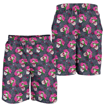 Sugar Skull Pink Rose Themed Print Mens Shorts-JTAMIGO.COM