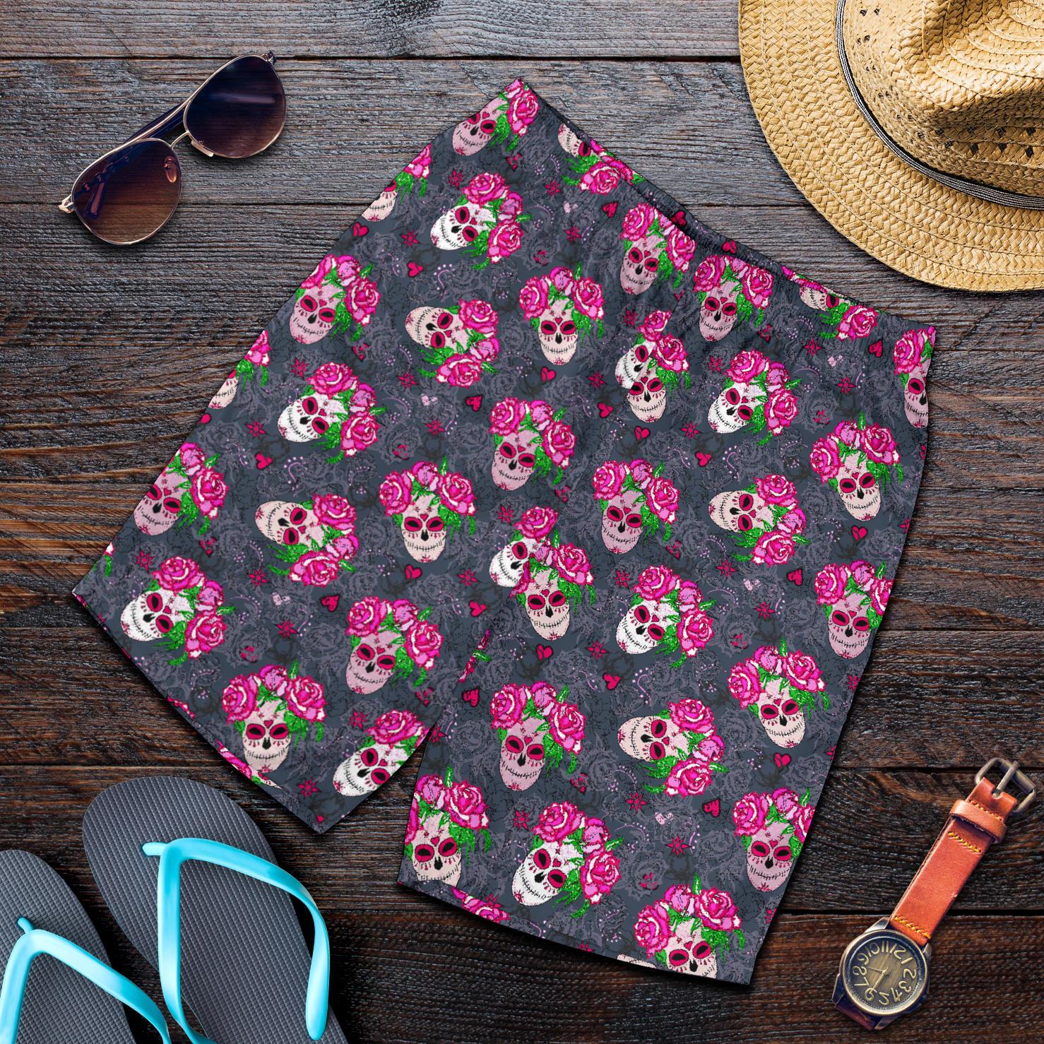 Sugar Skull Pink Rose Themed Print Mens Shorts-JTAMIGO.COM
