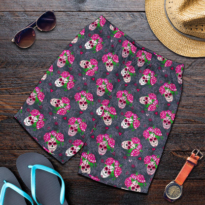 Sugar Skull Pink Rose Themed Print Mens Shorts-JTAMIGO.COM