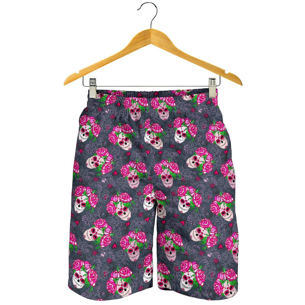 Sugar Skull Pink Rose Themed Print Mens Shorts-JTAMIGO.COM