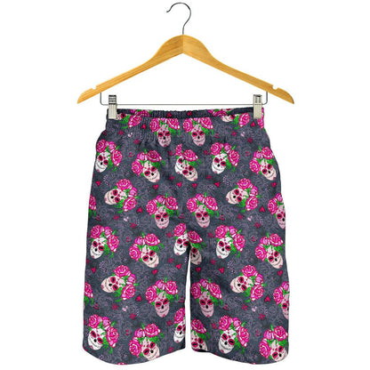 Sugar Skull Pink Rose Themed Print Mens Shorts-JTAMIGO.COM