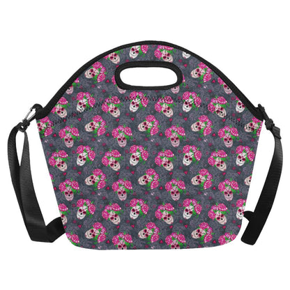 Sugar Skull Pink Rose Themed Print Neoprene Lunch Bag (Model 1669)(Large)-JTAMIGO.COM
