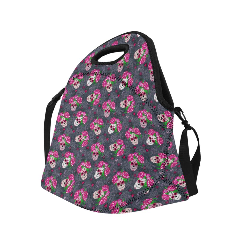 Sugar Skull Pink Rose Themed Print Neoprene Lunch Bag (Model 1669)(Large)-JTAMIGO.COM