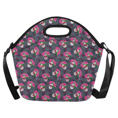 Sugar Skull Pink Rose Themed Print Neoprene Lunch Bag (Model 1669)(Large)-JTAMIGO.COM