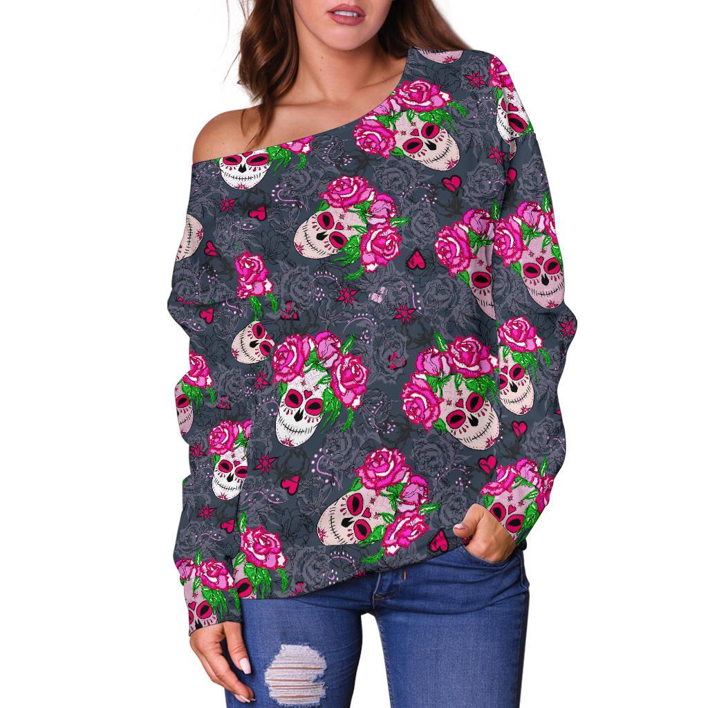 Sugar Skull Pink Rose Themed Print Off Shoulder Sweatshirt