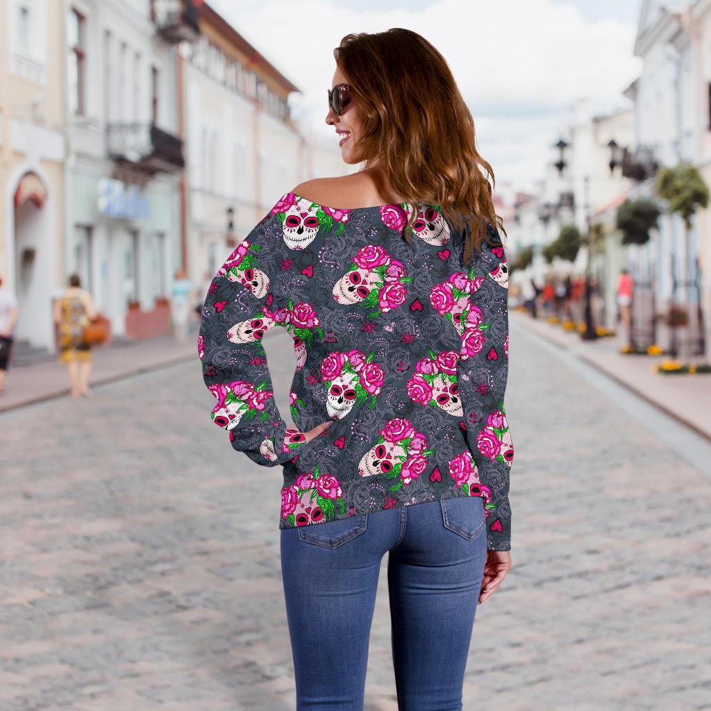 Sugar Skull Pink Rose Themed Print Off Shoulder Sweatshirt