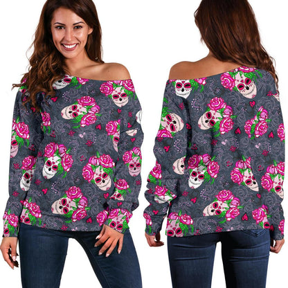 Sugar Skull Pink Rose Themed Print Off Shoulder Sweatshirt