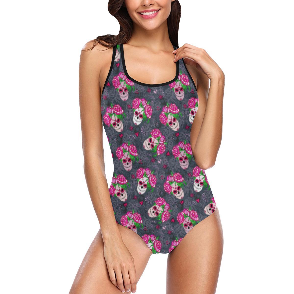 Sugar Skull Pink Rose Themed Print One Piece Swimsuit-JTAMIGO.COM