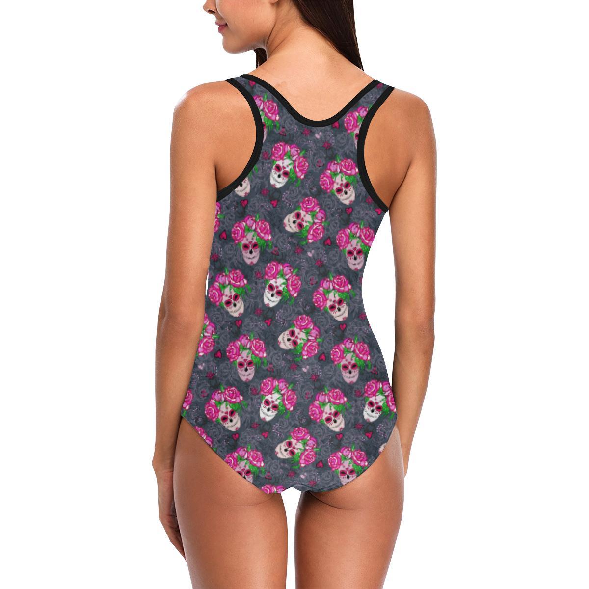 Sugar Skull Pink Rose Themed Print One Piece Swimsuit-JTAMIGO.COM
