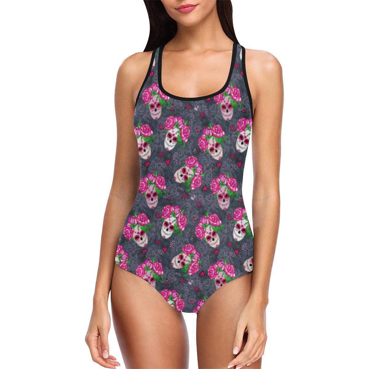Sugar Skull Pink Rose Themed Print One Piece Swimsuit-JTAMIGO.COM