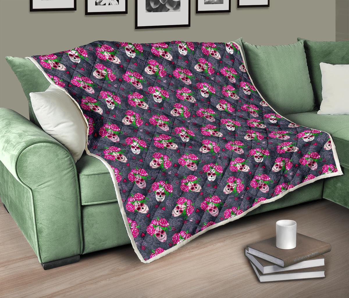 Sugar Skull Pink Rose Themed Print Premium Quilt-JTAMIGO.COM