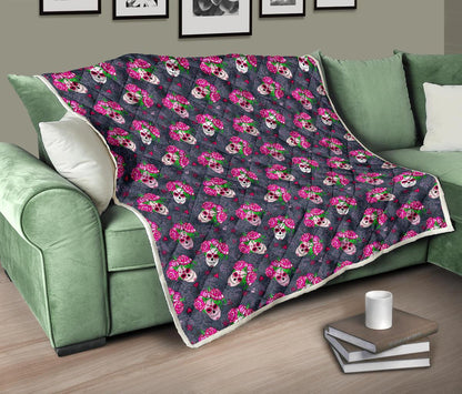 Sugar Skull Pink Rose Themed Print Premium Quilt-JTAMIGO.COM