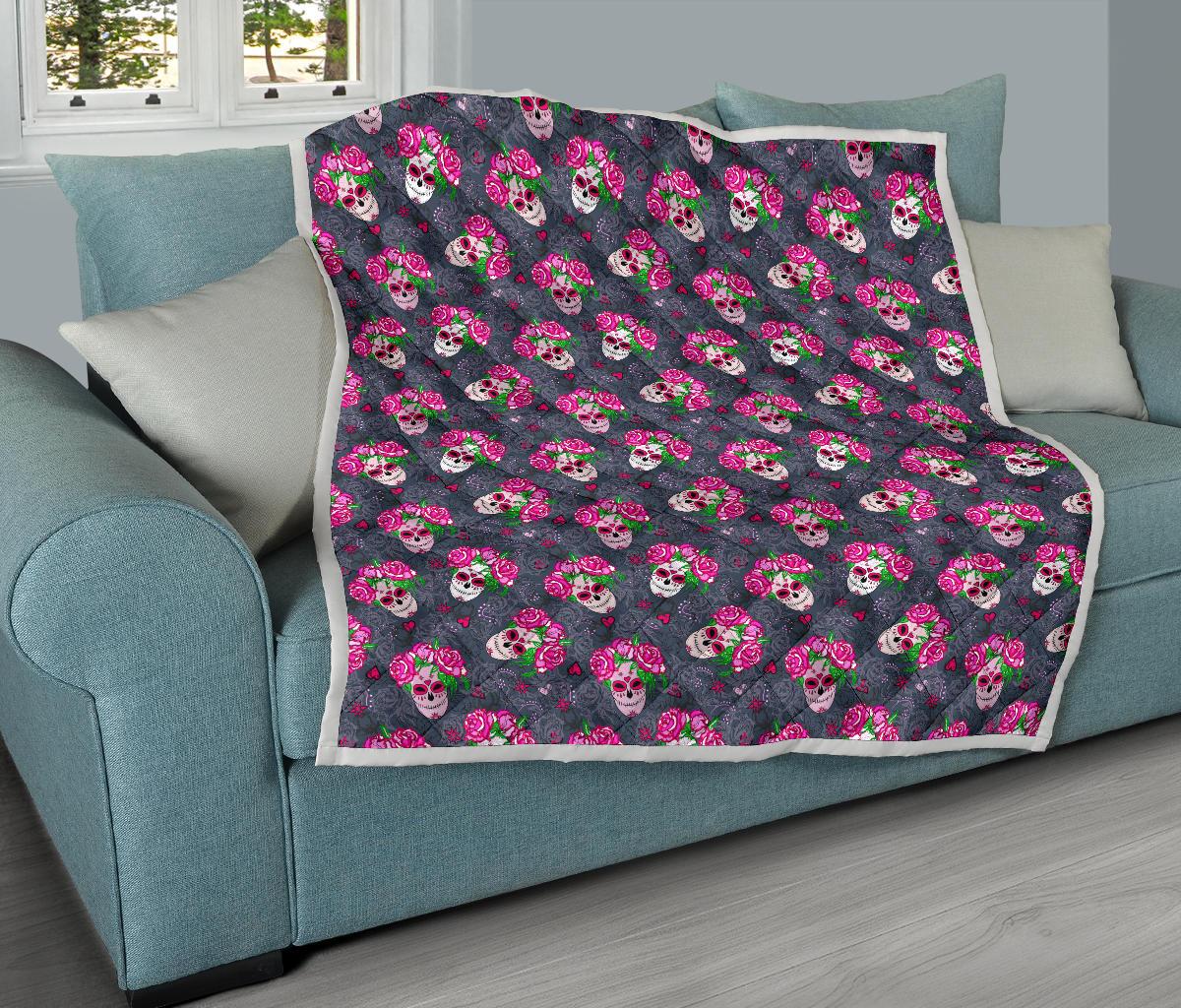 Sugar Skull Pink Rose Themed Print Premium Quilt-JTAMIGO.COM