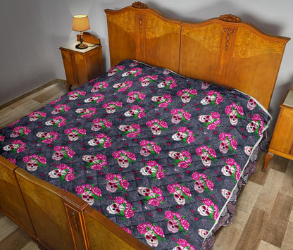 Sugar Skull Pink Rose Themed Print Premium Quilt-JTAMIGO.COM