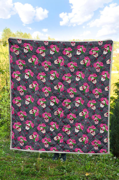 Sugar Skull Pink Rose Themed Print Premium Quilt-JTAMIGO.COM