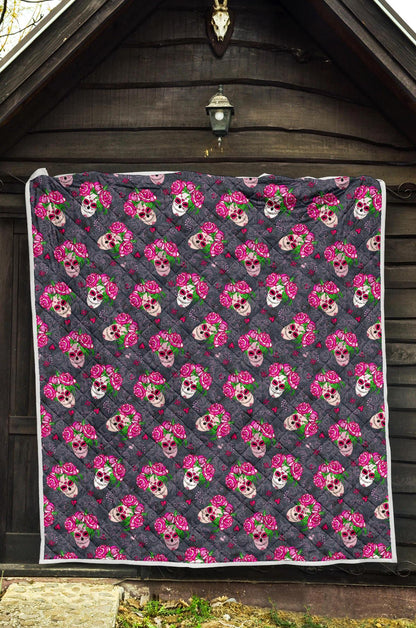 Sugar Skull Pink Rose Themed Print Premium Quilt-JTAMIGO.COM