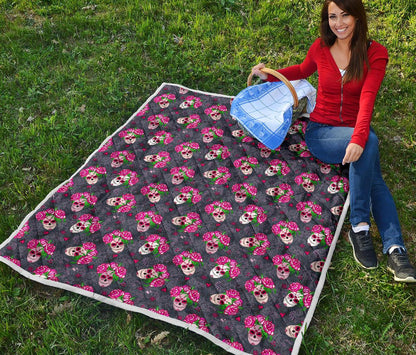 Sugar Skull Pink Rose Themed Print Premium Quilt-JTAMIGO.COM
