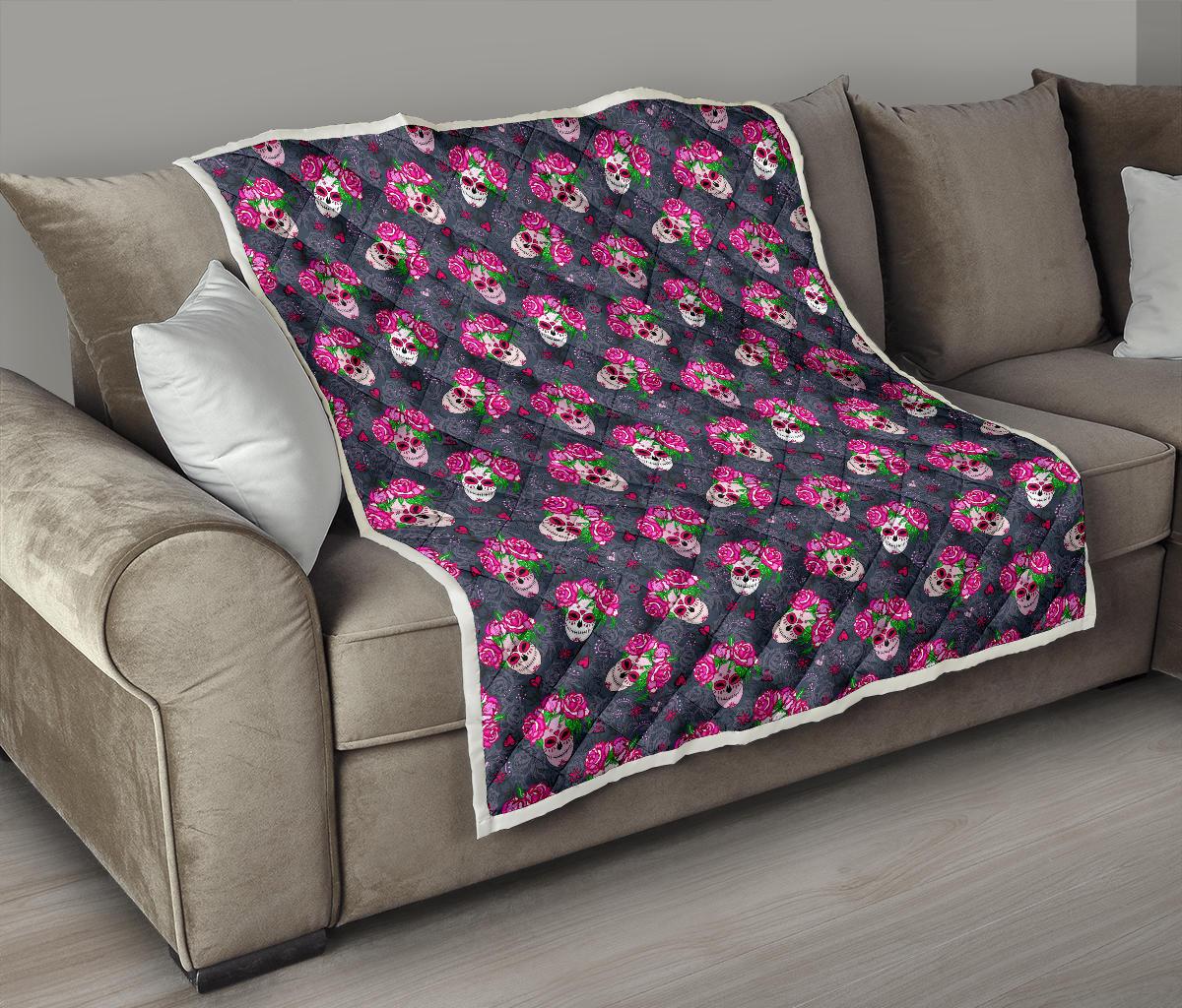 Sugar Skull Pink Rose Themed Print Premium Quilt-JTAMIGO.COM