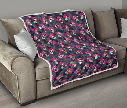 Sugar Skull Pink Rose Themed Print Premium Quilt-JTAMIGO.COM