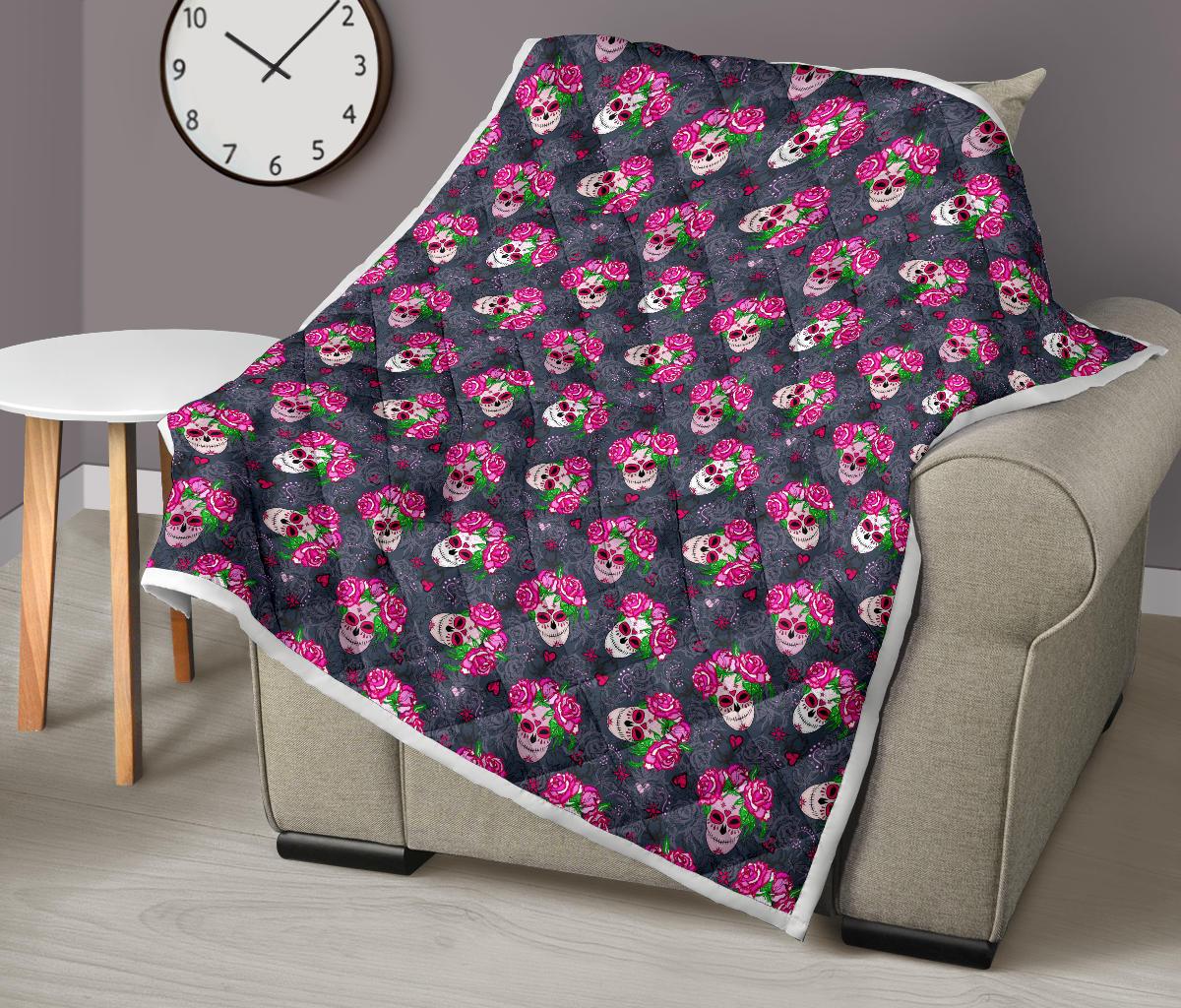 Sugar Skull Pink Rose Themed Print Premium Quilt-JTAMIGO.COM