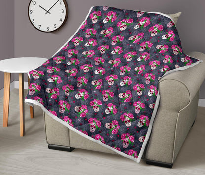 Sugar Skull Pink Rose Themed Print Premium Quilt-JTAMIGO.COM