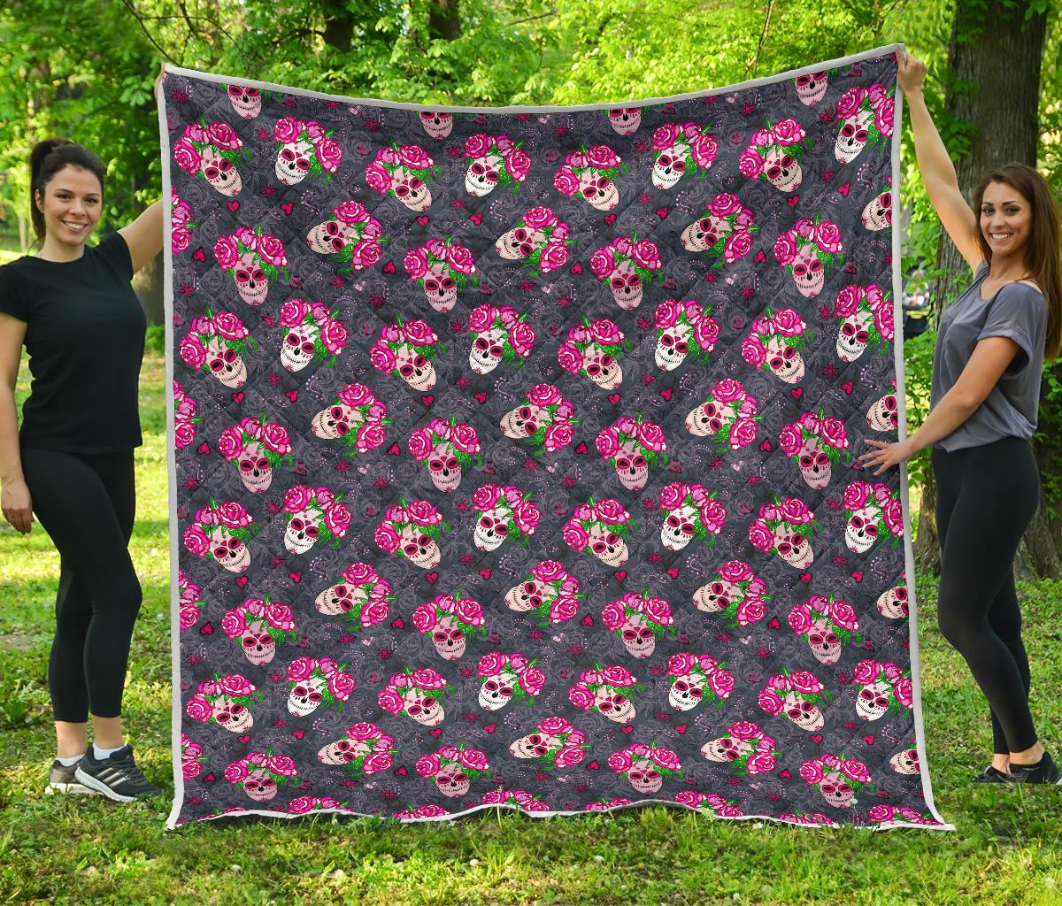 Sugar Skull Pink Rose Themed Print Premium Quilt-JTAMIGO.COM