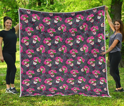Sugar Skull Pink Rose Themed Print Premium Quilt-JTAMIGO.COM