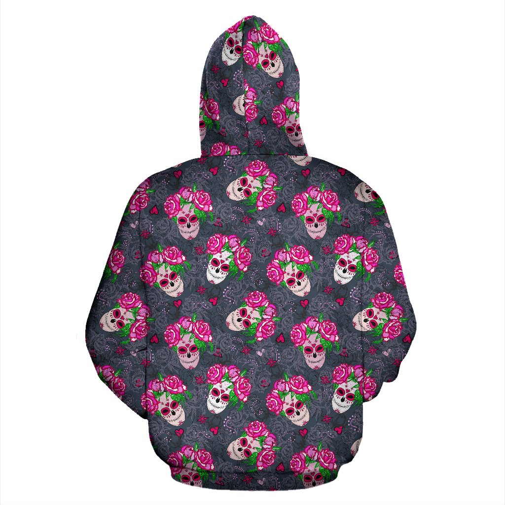 Sugar Skull Pink Rose Themed Print Pullover Hoodie