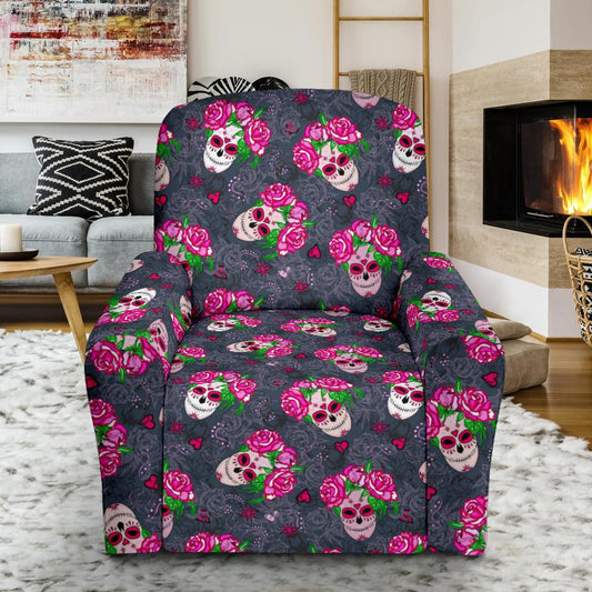 Sugar Skull Pink Rose Themed Print Single Sofa Slipcover -JTAMIGO.COM