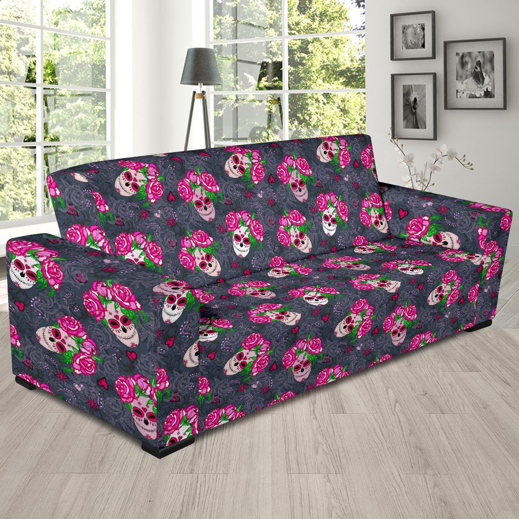 Sugar Skull Pink Rose Themed Print Sofa Slipcover-JTAMIGO.COM