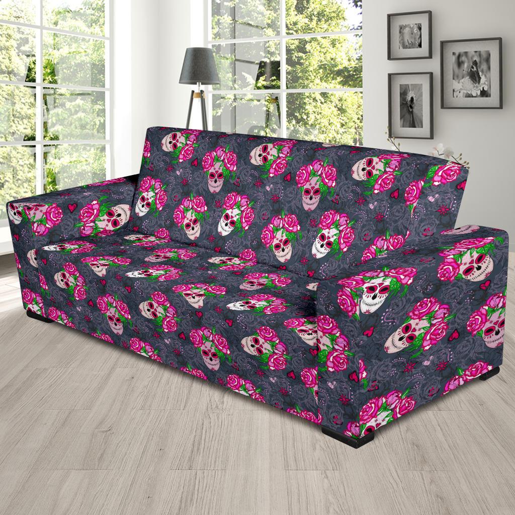 Sugar Skull Pink Rose Themed Print Sofa Slipcover-JTAMIGO.COM