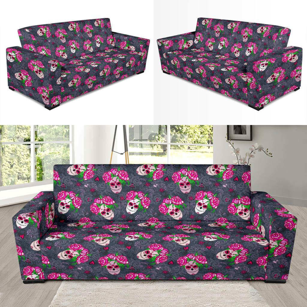 Sugar Skull Pink Rose Themed Print Sofa Slipcover-JTAMIGO.COM