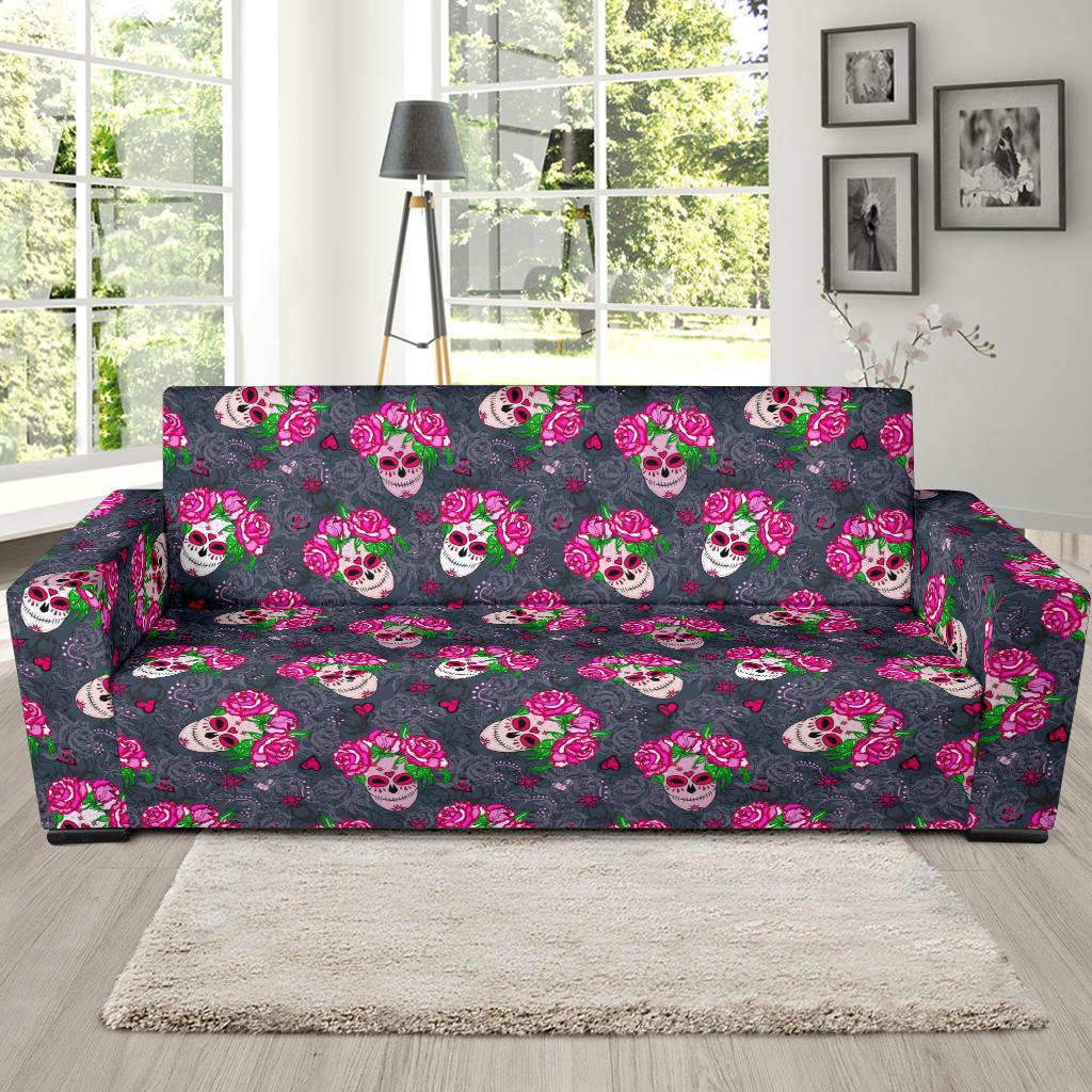 Sugar Skull Pink Rose Themed Print Sofa Slipcover-JTAMIGO.COM