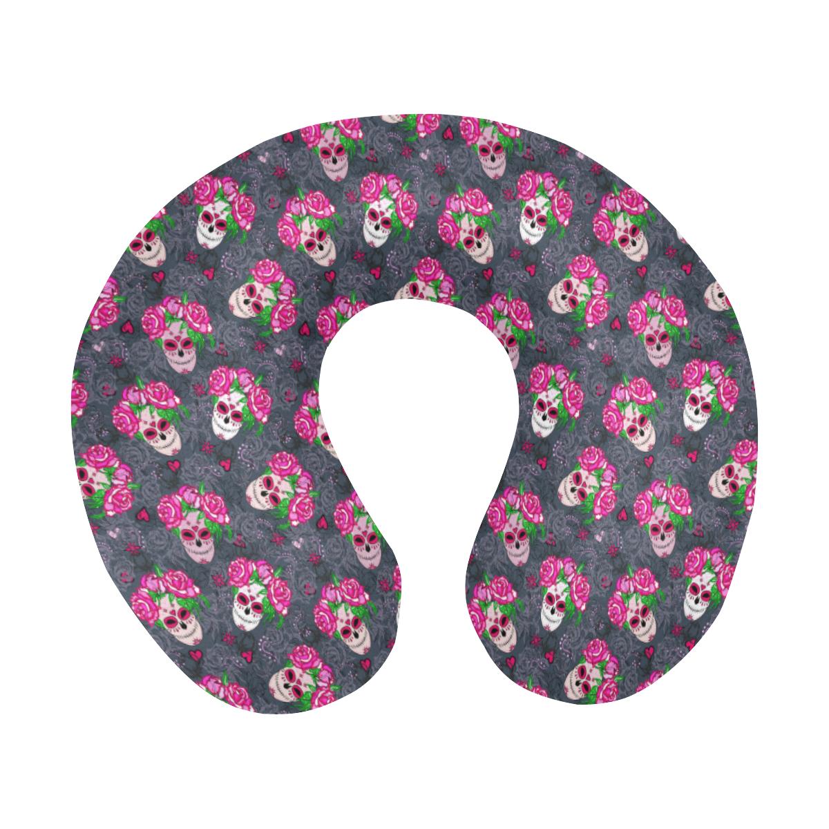 Sugar Skull Pink Rose Themed Print U-Shaped Travel Neck Pillow-JTAMIGO.COM
