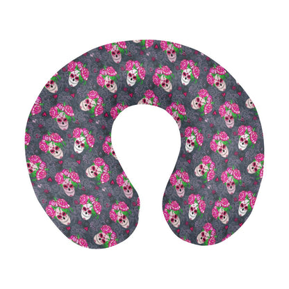 Sugar Skull Pink Rose Themed Print U-Shaped Travel Neck Pillow-JTAMIGO.COM