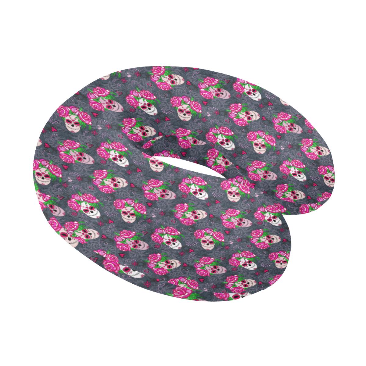 Sugar Skull Pink Rose Themed Print U-Shaped Travel Neck Pillow-JTAMIGO.COM