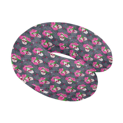 Sugar Skull Pink Rose Themed Print U-Shaped Travel Neck Pillow-JTAMIGO.COM