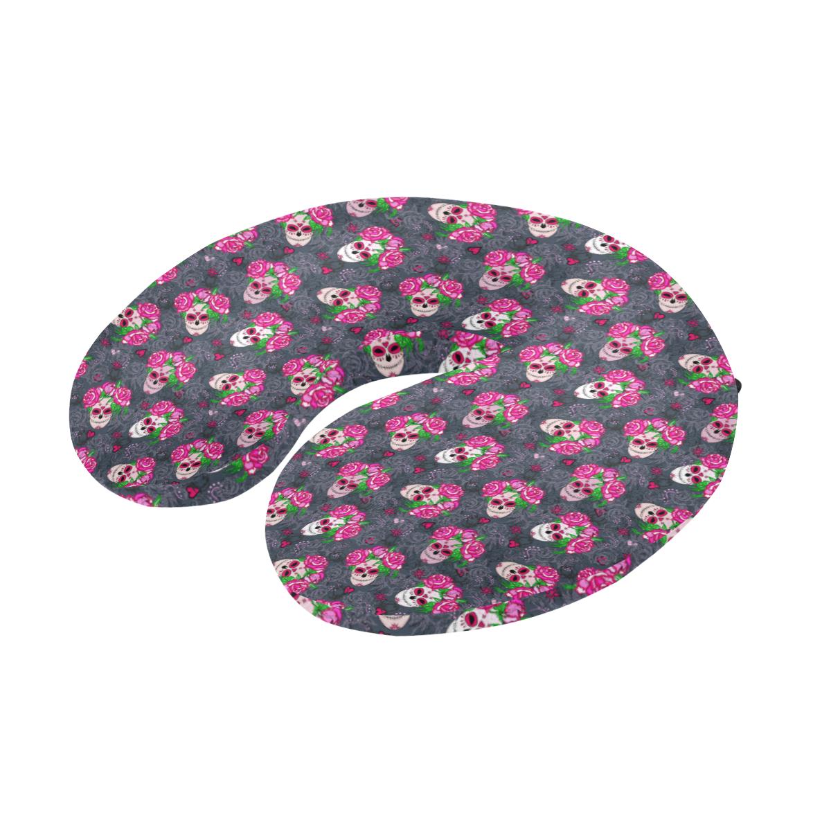 Sugar Skull Pink Rose Themed Print U-Shaped Travel Neck Pillow-JTAMIGO.COM