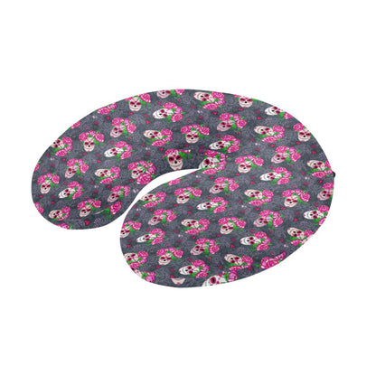 Sugar Skull Pink Rose Themed Print U-Shaped Travel Neck Pillow-JTAMIGO.COM