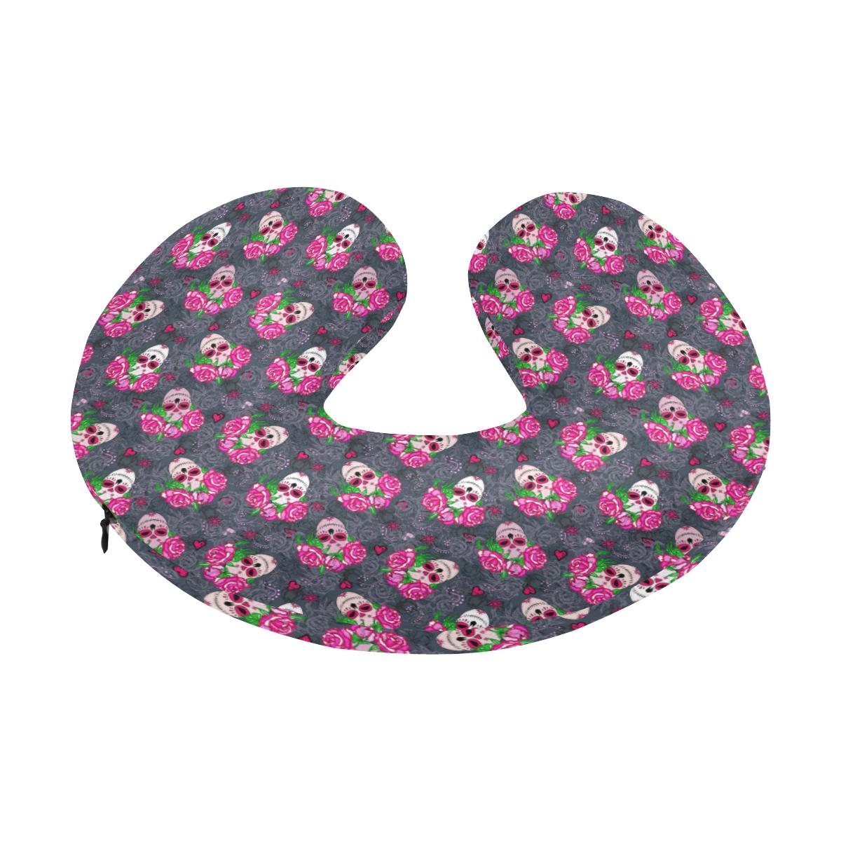 Sugar Skull Pink Rose Themed Print U-Shaped Travel Neck Pillow-JTAMIGO.COM