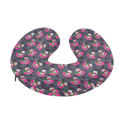 Sugar Skull Pink Rose Themed Print U-Shaped Travel Neck Pillow-JTAMIGO.COM