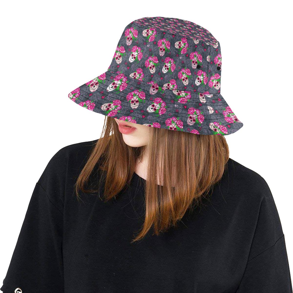 Sugar Skull Pink Rose Themed Print Unisex Bucket Hat