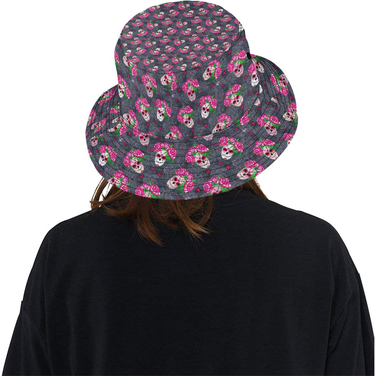 Sugar Skull Pink Rose Themed Print Unisex Bucket Hat