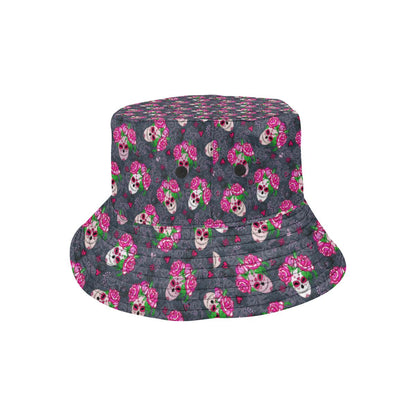 Sugar Skull Pink Rose Themed Print Unisex Bucket Hat