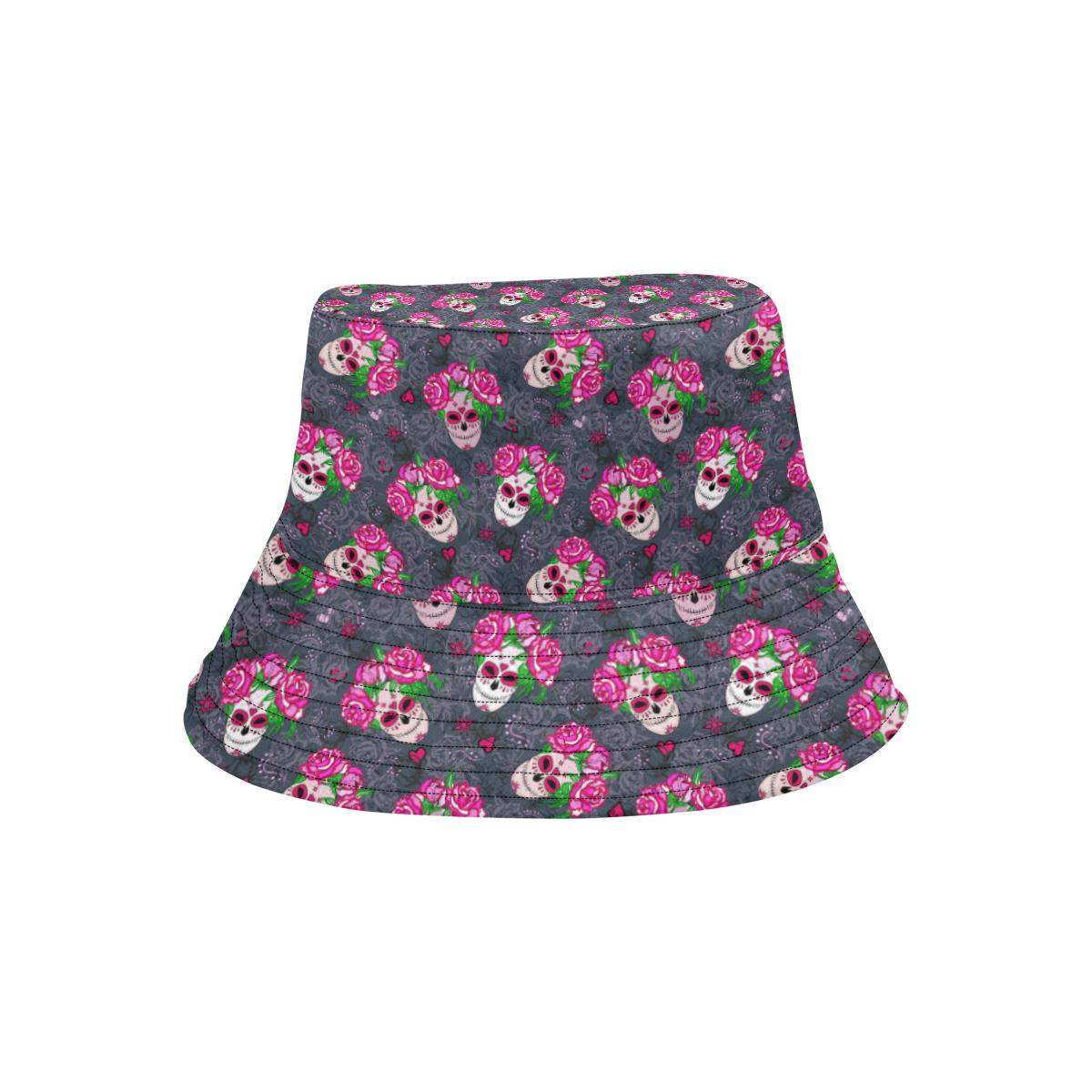 Sugar Skull Pink Rose Themed Print Unisex Bucket Hat