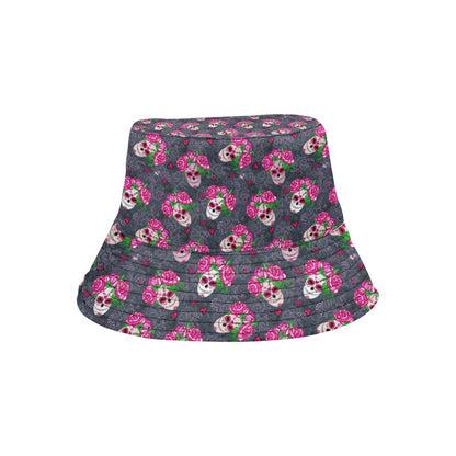Sugar Skull Pink Rose Themed Print Unisex Bucket Hat