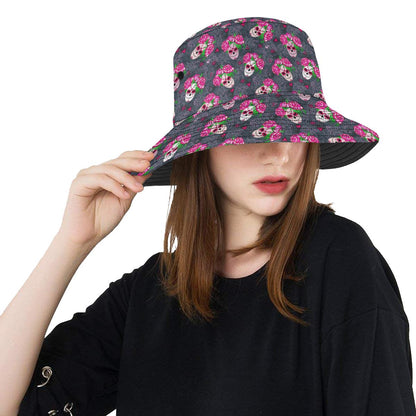 Sugar Skull Pink Rose Themed Print Unisex Bucket Hat