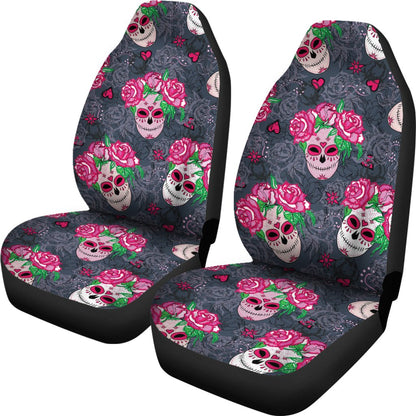 Sugar Skull Pink Rose Themed Print Universal Fit Car Seat Covers
