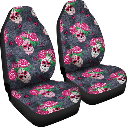 Sugar Skull Pink Rose Themed Print Universal Fit Car Seat Covers